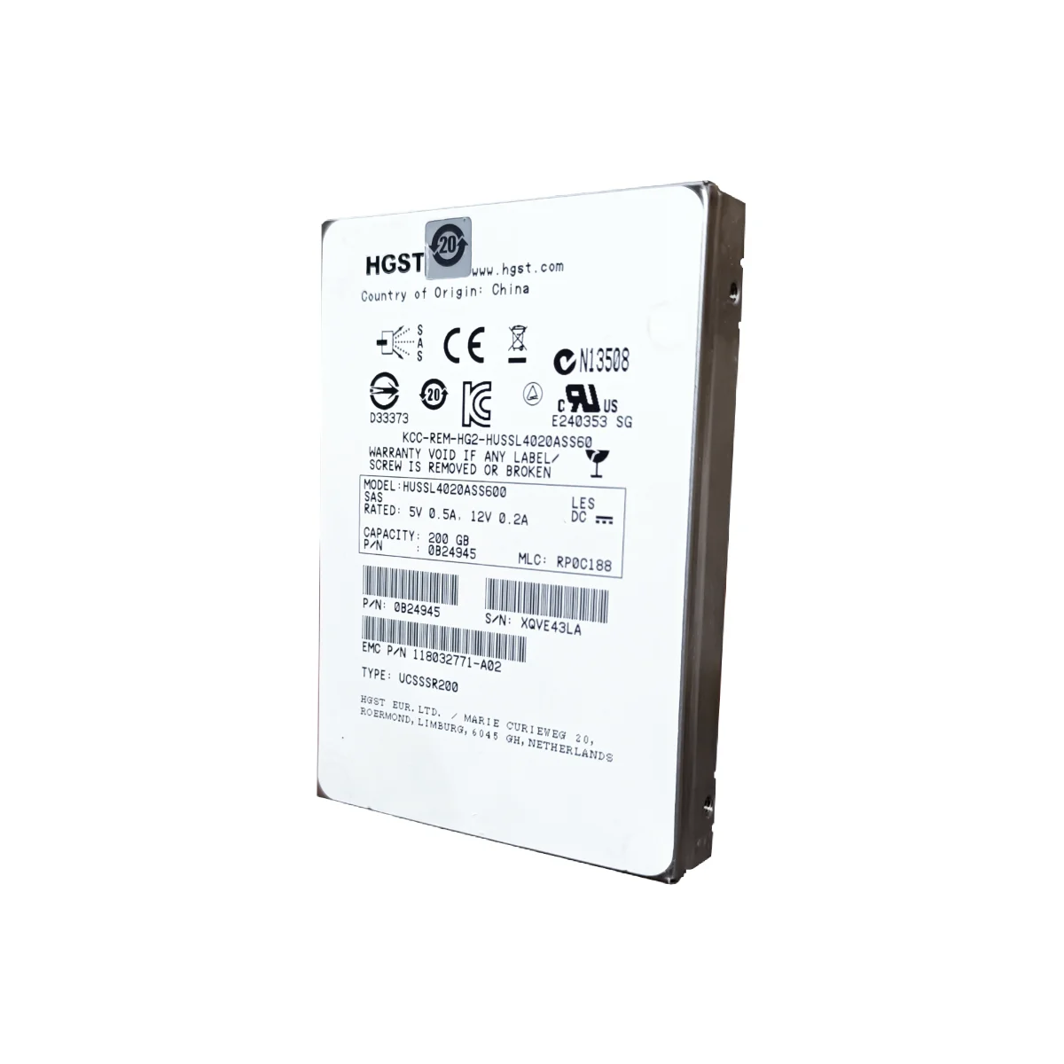 HGST 200GB 2,5” SSD SAS HUSSL4020ASS600 0B24945 118032771-A02